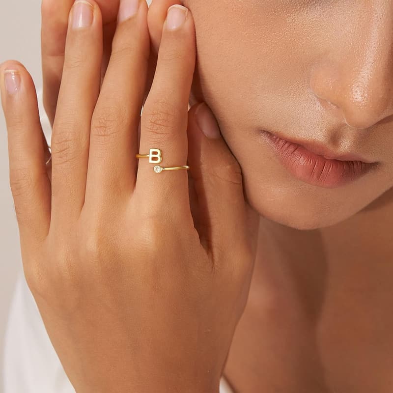 Dainty 14K Gold Plated Adjustable Letter Rings for Women