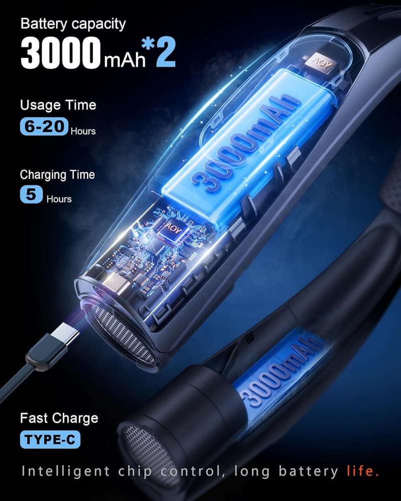Portable Neck Fan - Hands-Free, USB Rechargeable, 6000mAh, 6 Speeds