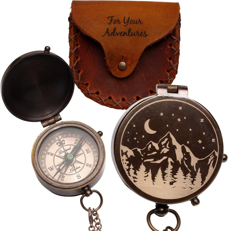 Engraved Brass Compass with Leather Case - Vintage Adventure Gift for Men