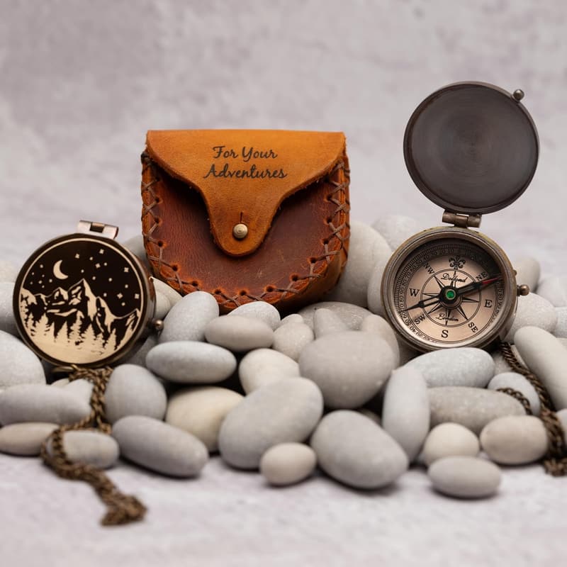 Engraved Brass Compass with Leather Case - Vintage Adventure Gift for Men