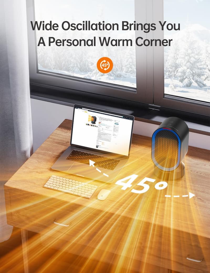 Portable 45° Oscillating Electric Space Heater for Home Office