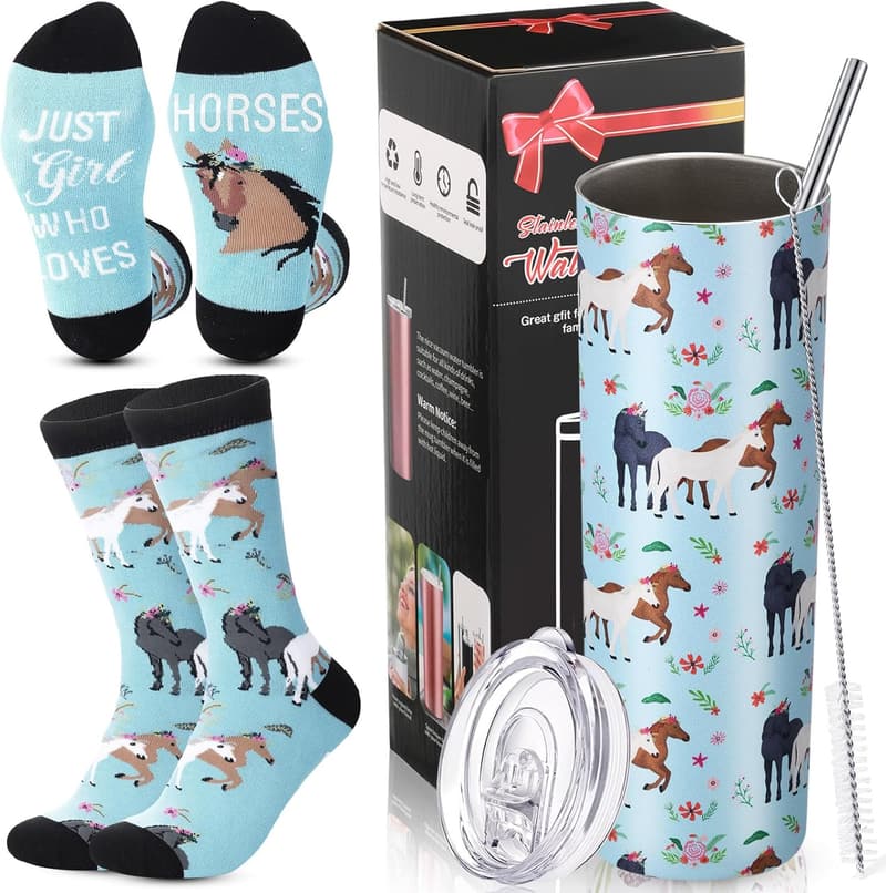 Horse Racing Festival Gift Set: Socks & 20 oz Tumbler for Women