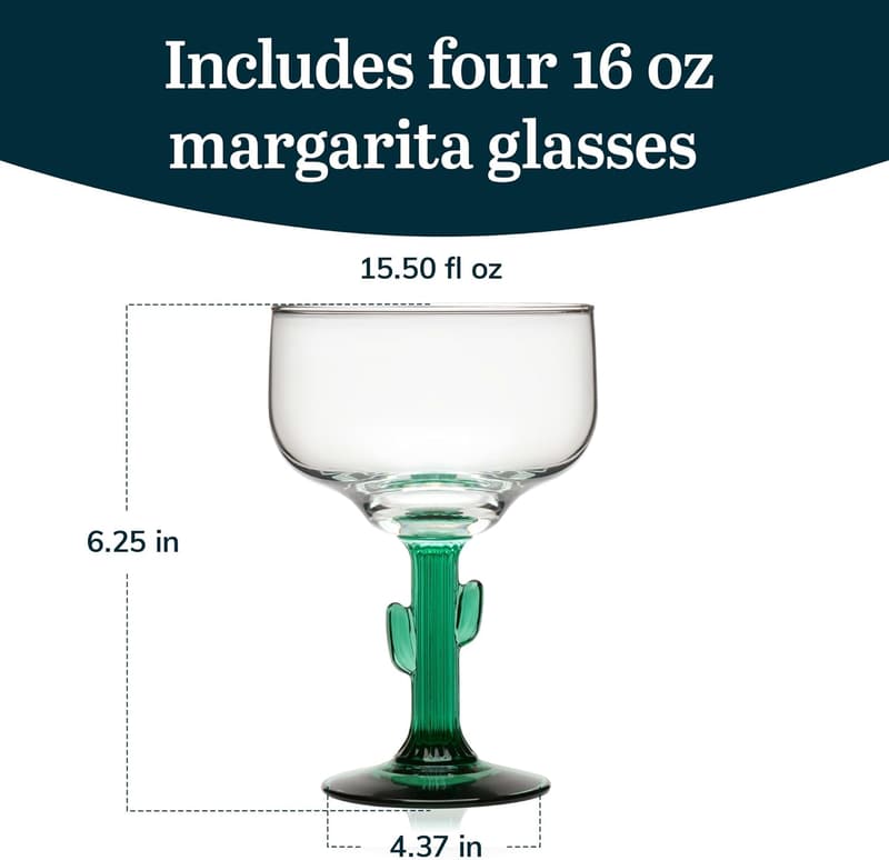 Cactus Margarita Glasses Set of 4, 16 oz Lead-Free Glassware