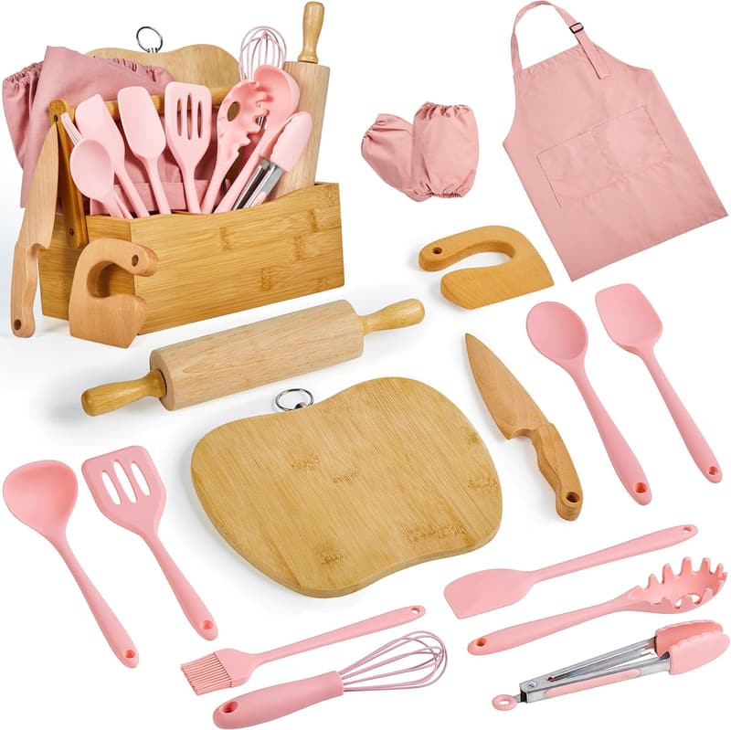 Kids Cooking & Baking Set with Utensils and Apron - Coral Pink
