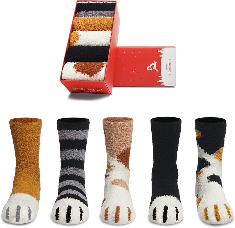 Cozy Cat Paw Fuzzy Socks for Women with Gift Box