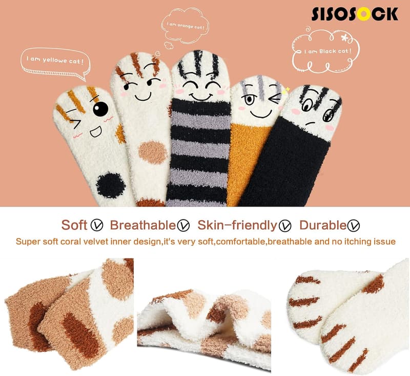 Cozy Cat Paw Fuzzy Socks for Women with Gift Box