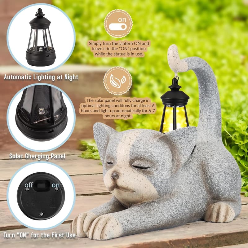 Garden Cat Statue with Solar Lantern - Unique Outdoor Decor