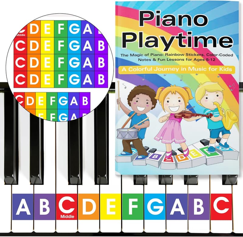 Kids Piano Learning Book with Rainbow Color Keyboard Stickers