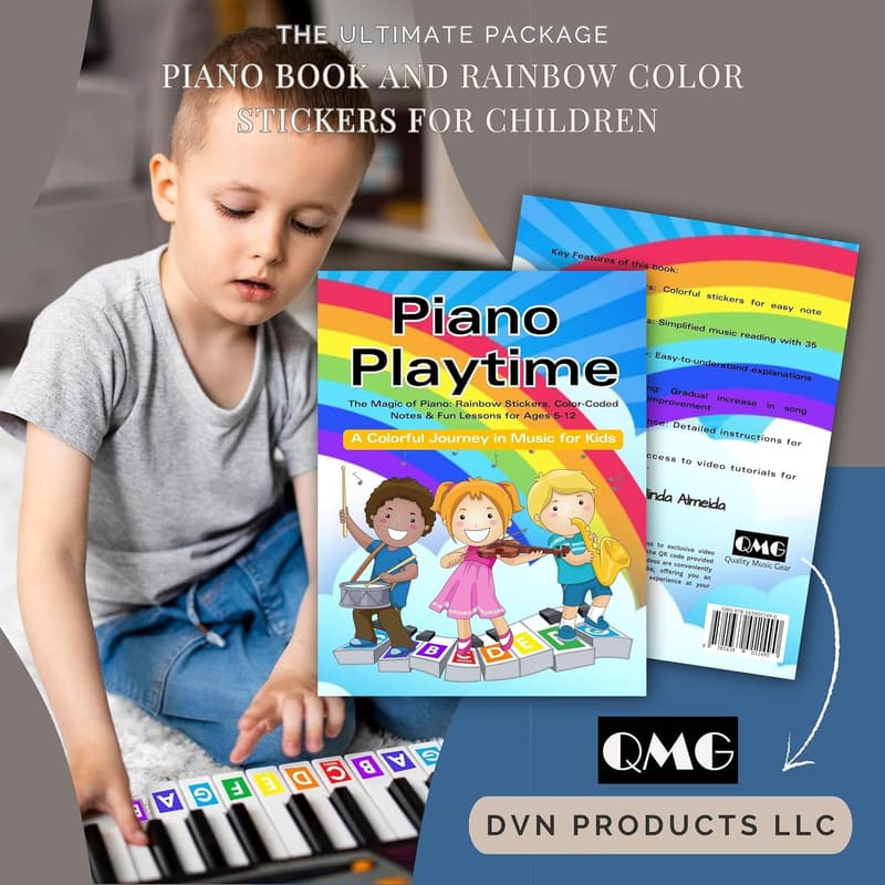 Kids Piano Learning Book with Rainbow Color Keyboard Stickers