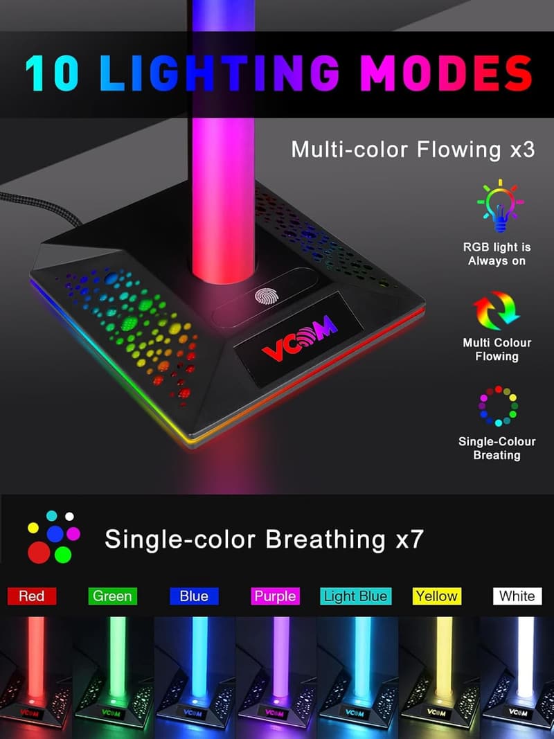 RGB Gaming Headphones Stand with 10 Light Modes and USB Ports