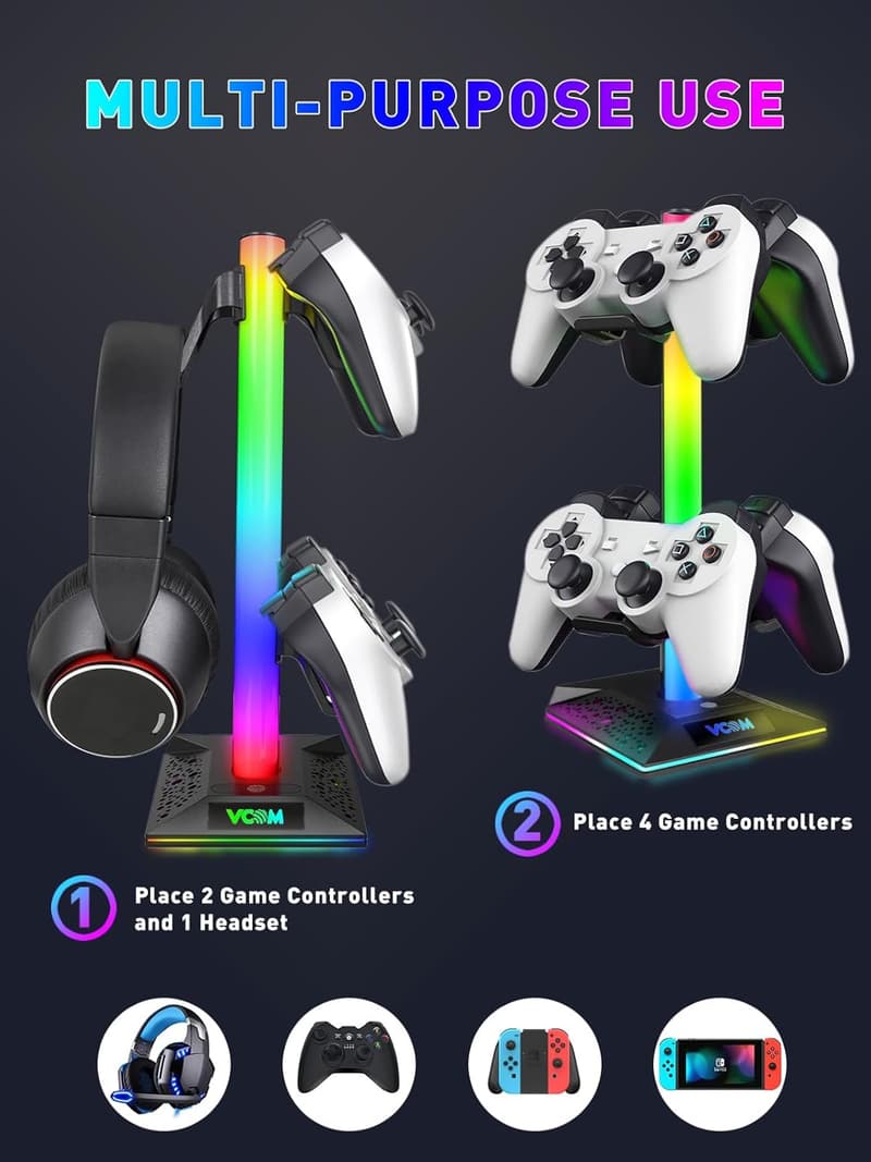 RGB Gaming Headphones Stand with 10 Light Modes and USB Ports