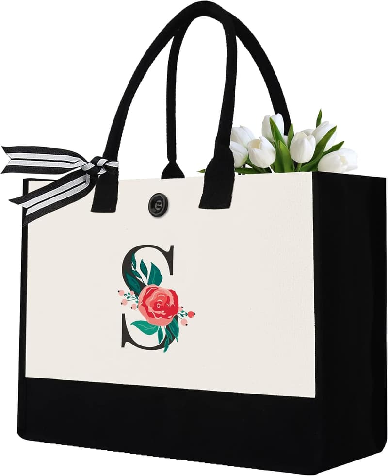 Personalized Initial Canvas Tote Bag for Women