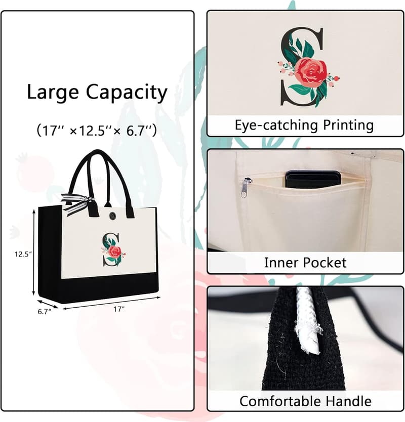 Personalized Initial Canvas Tote Bag for Women
