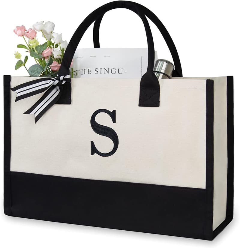 Personalized Embroidery Initial Canvas Tote Bag for Women