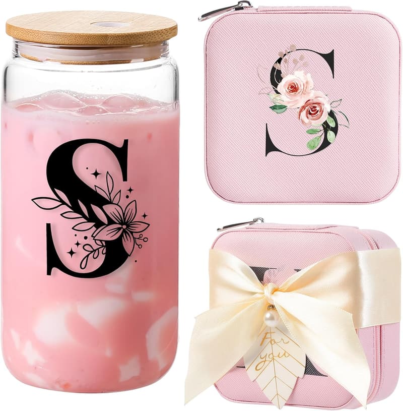 Personalized Initial Glass Cup with Lid & Straw for Women