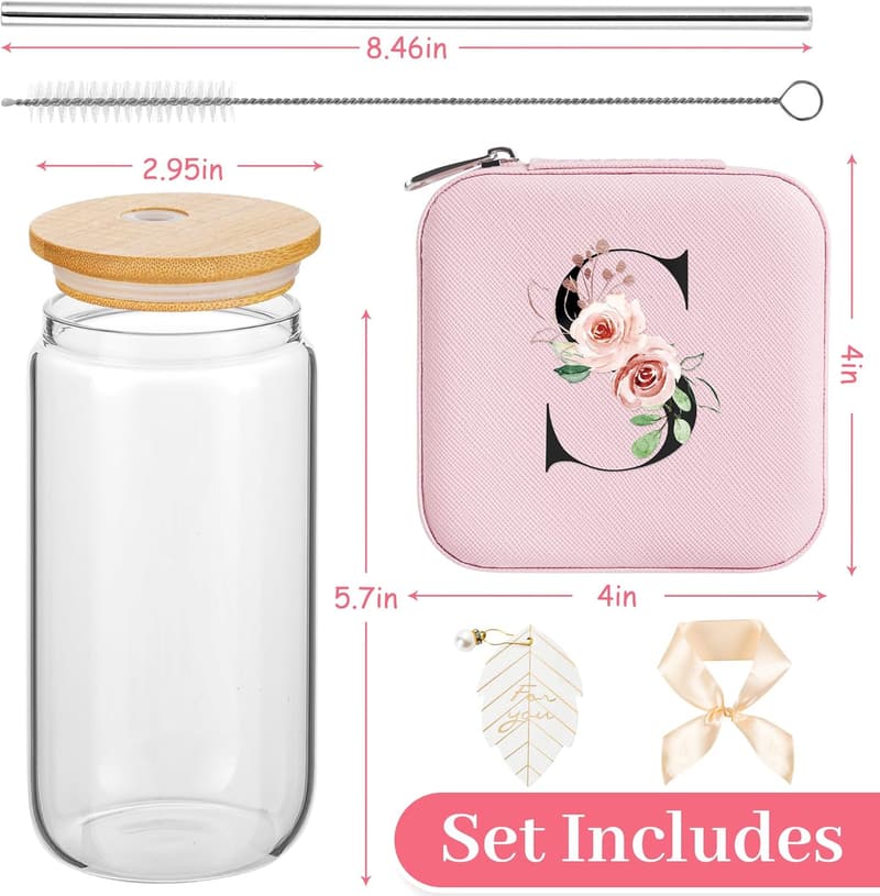 Personalized Initial Glass Cup with Lid & Straw for Women