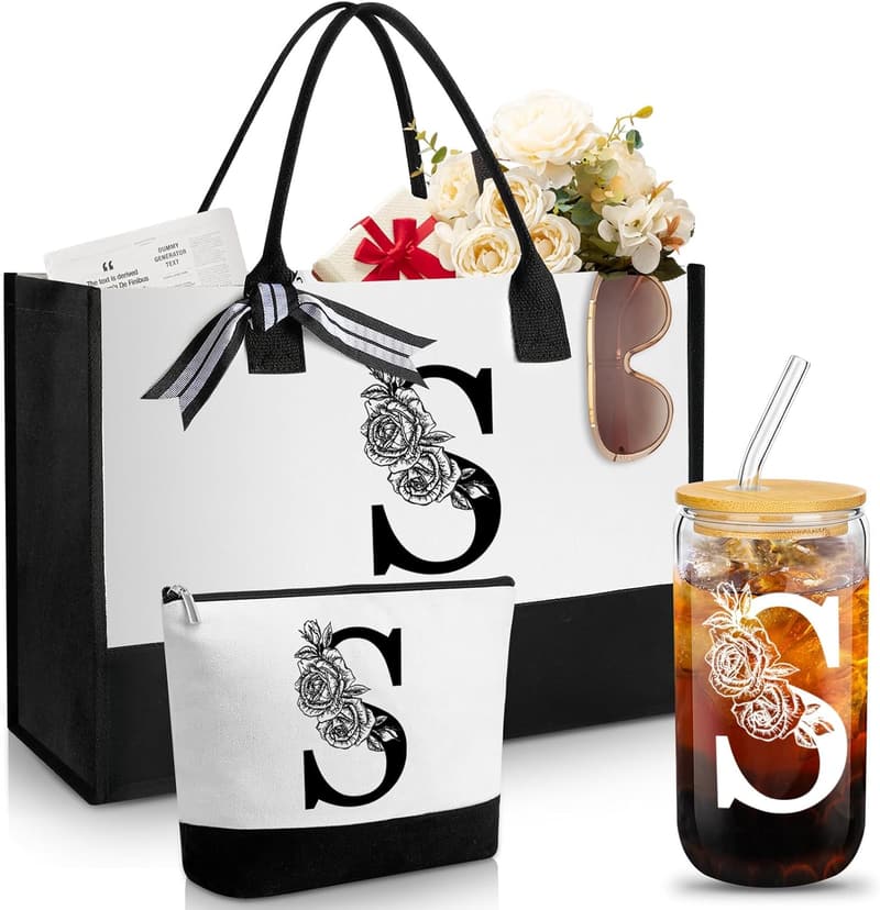 Monogram Canvas Tote Bag & Initial Coffee Cup Gift Set for Women