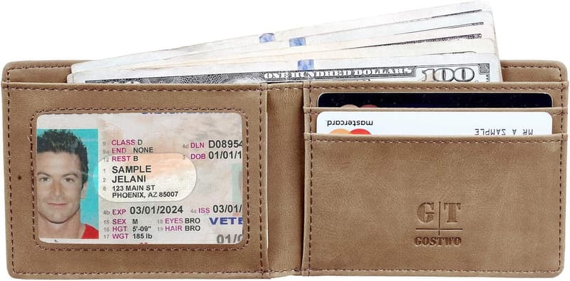 Men's Minimalist Leather Bifold Wallet with ID Window