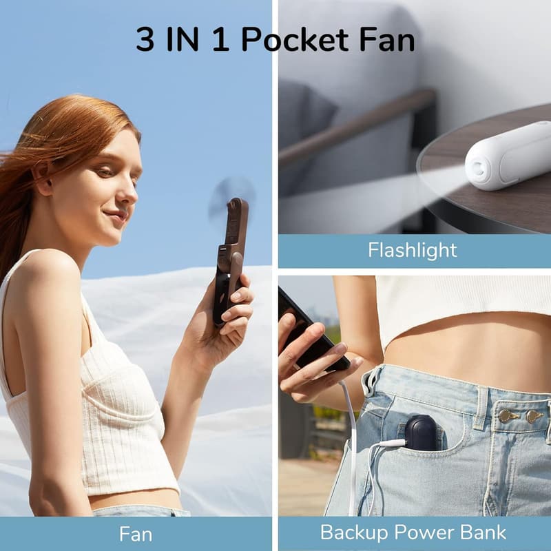 Portable 3-in-1 Mini Fan with Power Bank & Flashlight for Travel