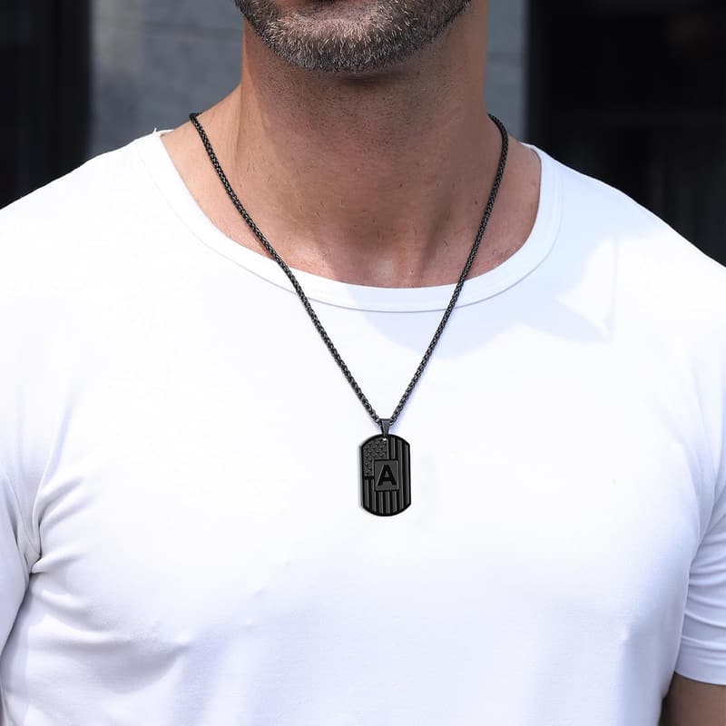 Men's Graduation Gift: Initial A-Z Necklace, Stainless Steel Dog Tag 24