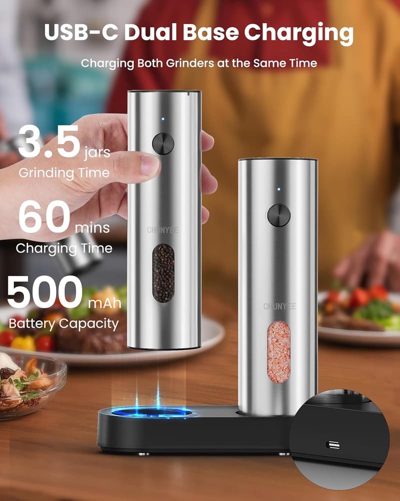 Rechargeable Electric Salt & Pepper Grinder Set - Adjustable Coarseness
