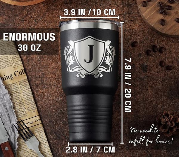 Monogrammed Black Travel Tumbler for Men - Custom 30oz Gift