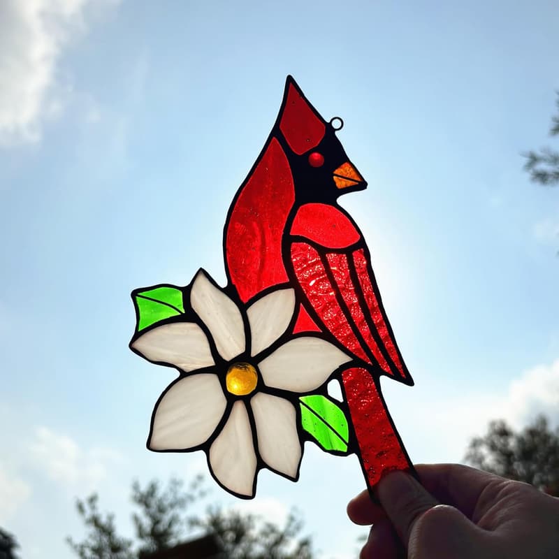 Handmade Stained Glass Cardinal Suncatcher Gift for Mom