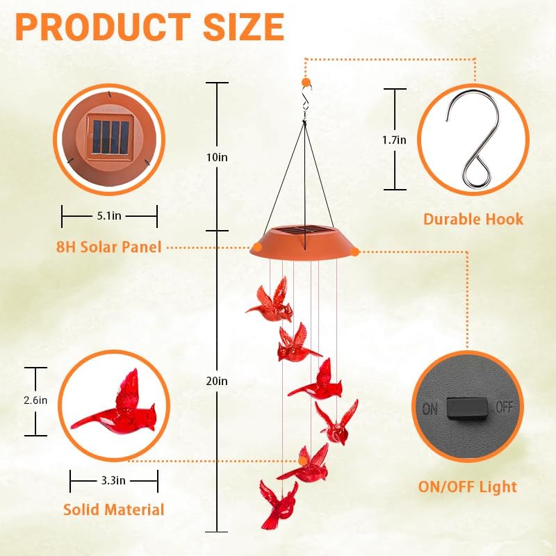Solar Cardinal Bird Wind Chimes - Unique Outdoor Decor for Moms