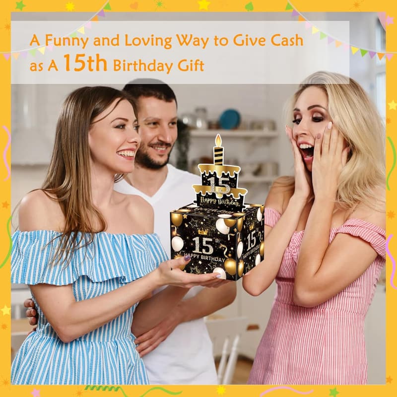 15th Birthday Cash Gift Box with 100 Transparent Bags
