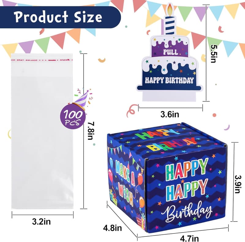 Birthday Money Box with Pull-Out Card & 100 Bags for Cash Gifts