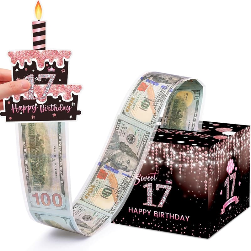 17th Birthday Surprise Cash Gift Box with 100 Bags