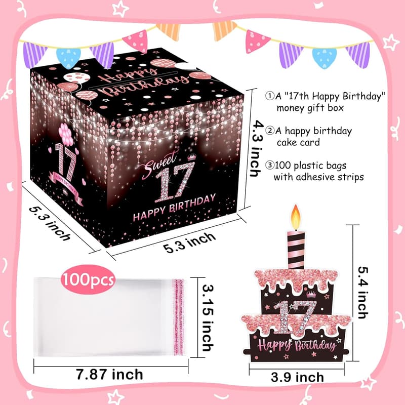 17th Birthday Surprise Cash Gift Box with 100 Bags