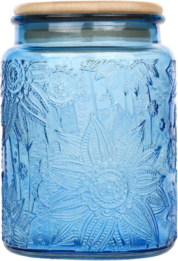 Vintage Blue Glass Candy Jar with Airtight Bamboo Lid - 23.7oz