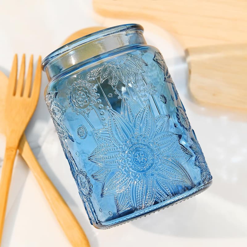 Vintage Blue Glass Candy Jar with Airtight Bamboo Lid - 23.7oz