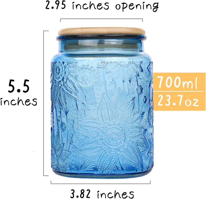 Vintage Blue Glass Candy Jar with Airtight Bamboo Lid - 23.7oz