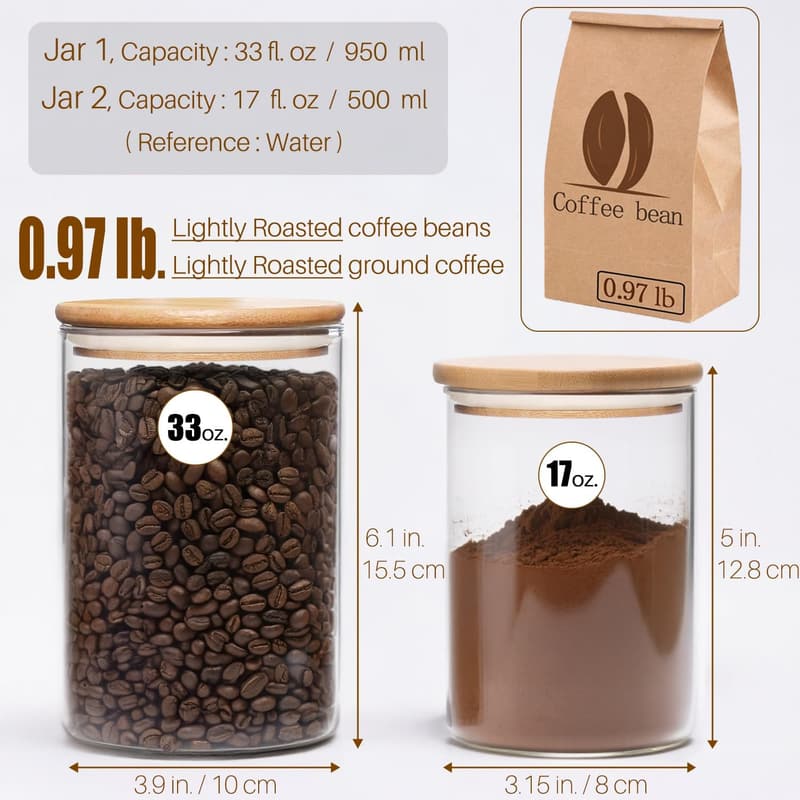 Airtight Glass Food Storage Jars with Bamboo Lids - 33 oz