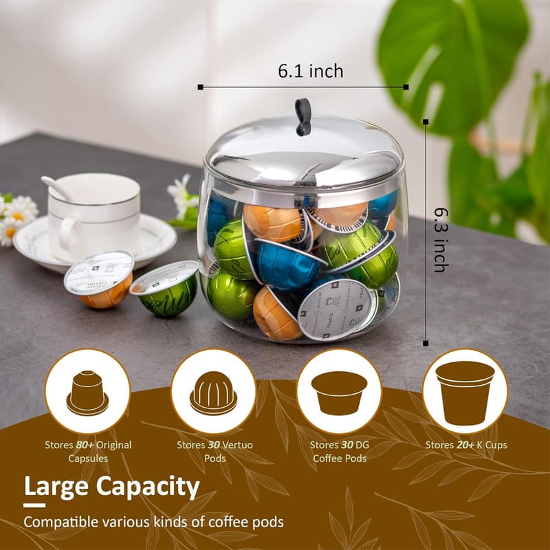 Coffee Pod Organizer for 30 Nespresso Vertuo Pods - Glass Storage