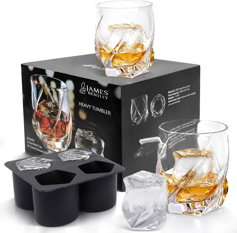 Whiskey Set of 2 Hand Blown Double Wall Tumblers with Ice Mold
