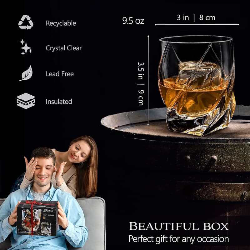 Whiskey Set of 2 Hand Blown Double Wall Tumblers with Ice Mold