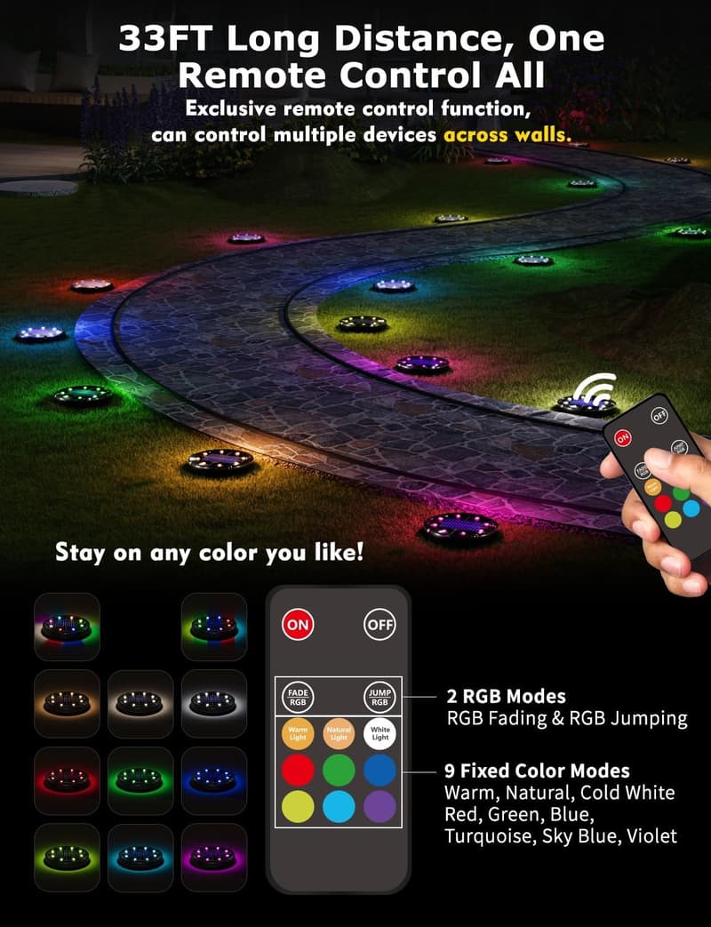 Solar Powered Color Changing Ground Lights - 10 Pack with Remote Control