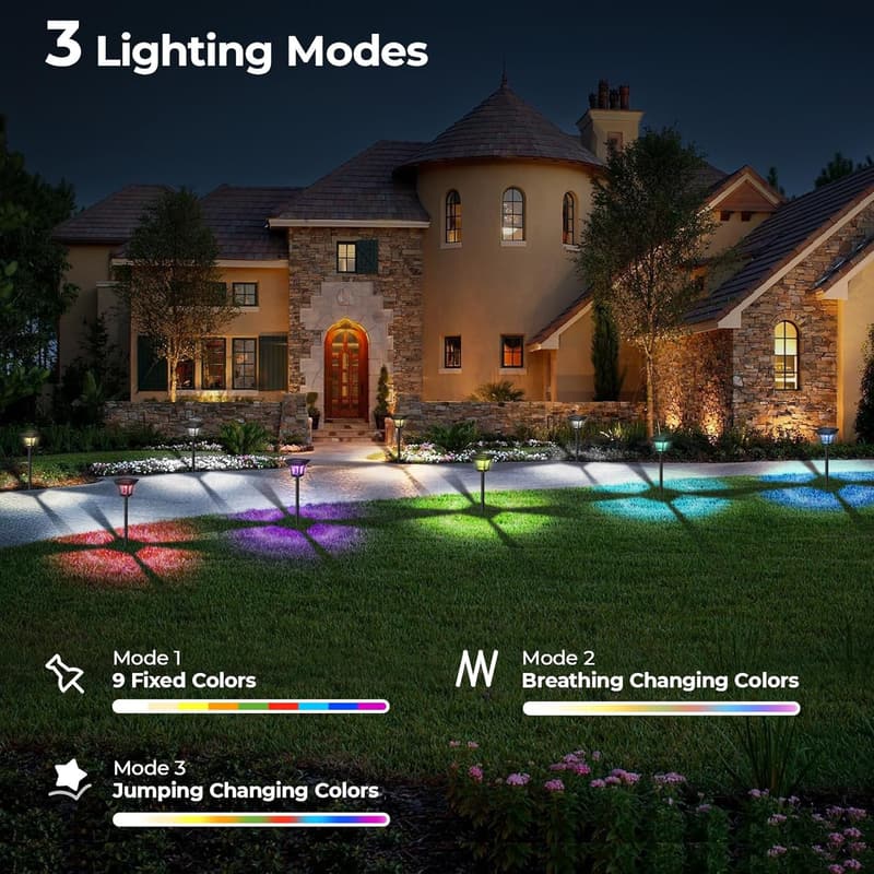 Solar RGBCW Pathway Lights - 8 Pack, 3 Modes, IP65 Waterproof
