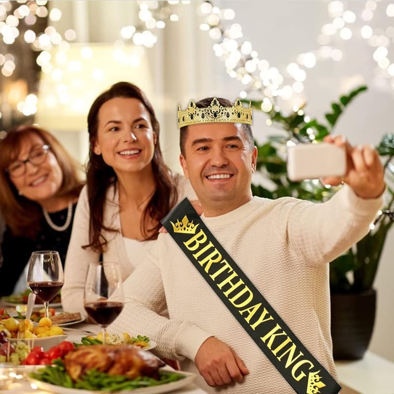 Birthday King Crown and Sash Set for Men - Gold