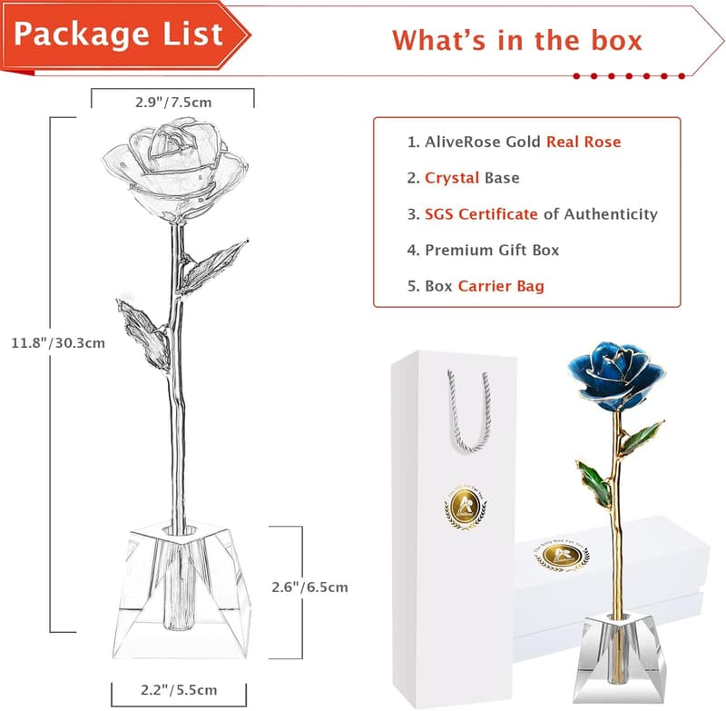 24k Gold Rose Gift for Her with Crystal Vase