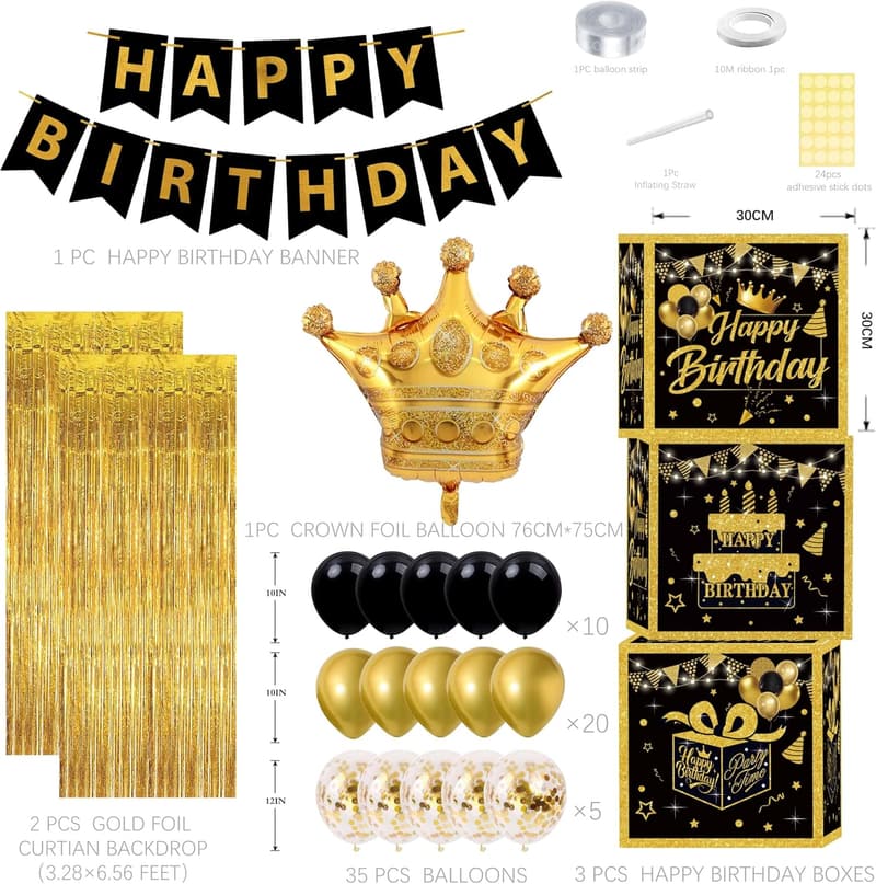 Gold Birthday Party Decorations Kit for Men - 3pcs Balloon Boxes
