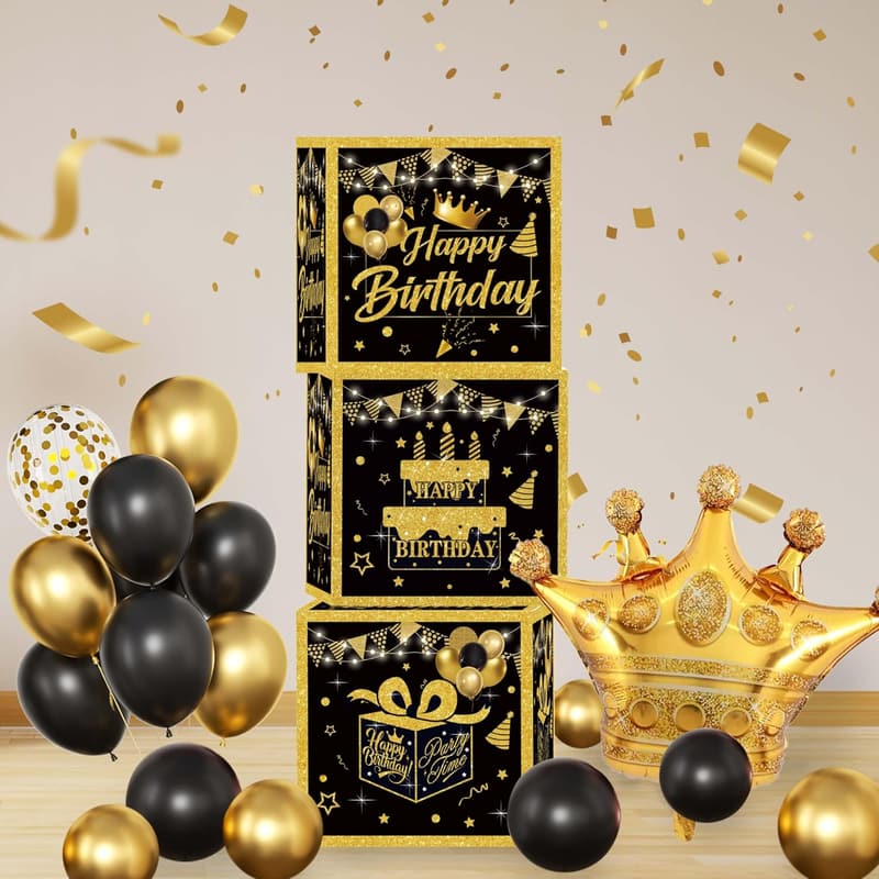 Gold Birthday Party Decorations Kit for Men - 3pcs Balloon Boxes