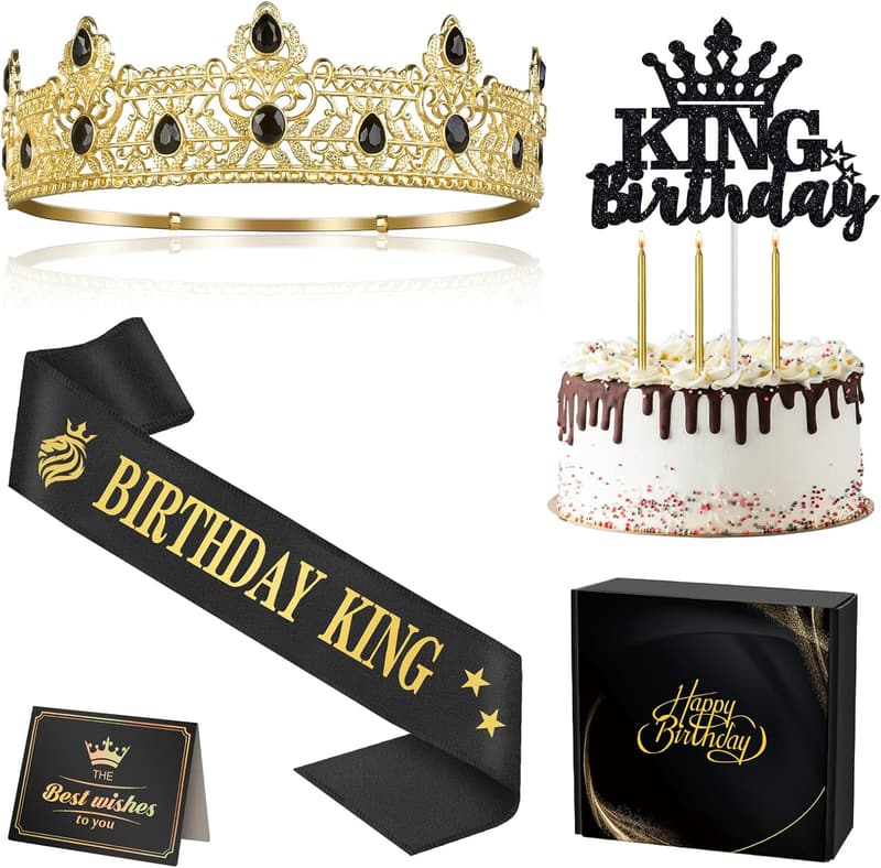 Men's Birthday Party Supplies: Crown, Sash, Cake Topper & Candles