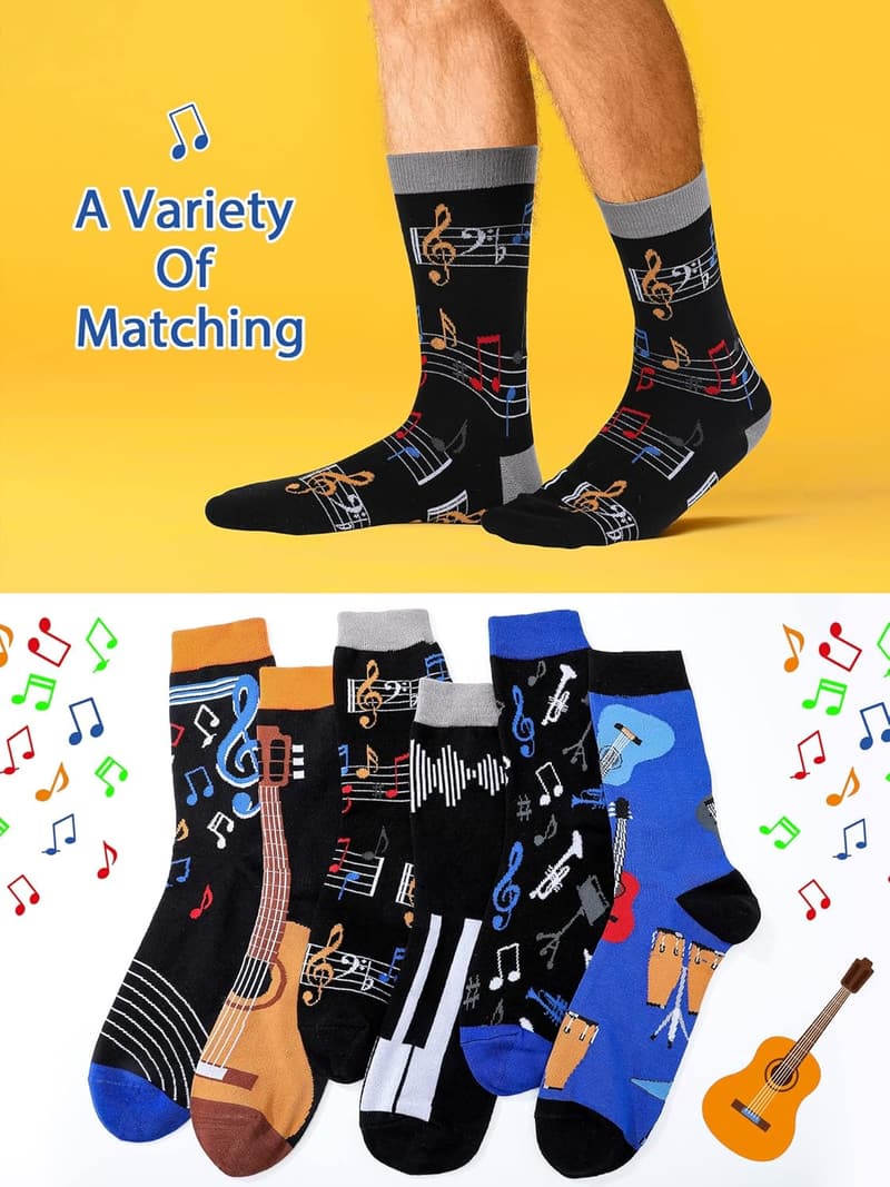 Music Lovers' Novelty Socks - 6 Pairs for Men's Gifts