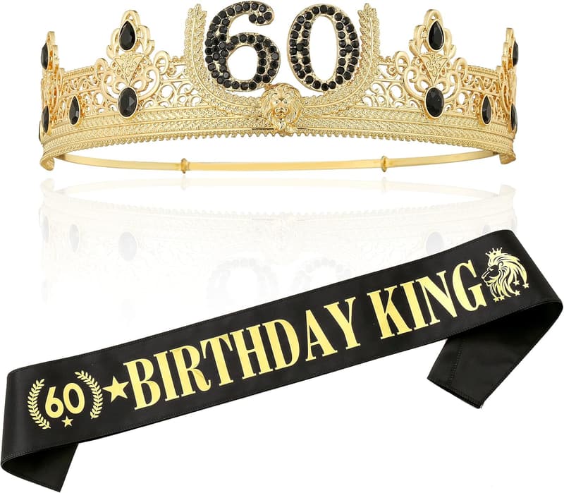 60th Birthday Gold King Crown and Sash for Men