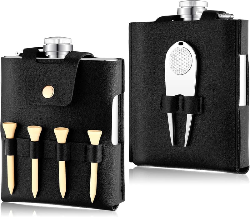 Golf Flask Gift Set - 7 oz Stainless Steel with Leather Case