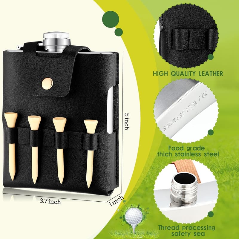 Golf Flask Gift Set - 7 oz Stainless Steel with Leather Case